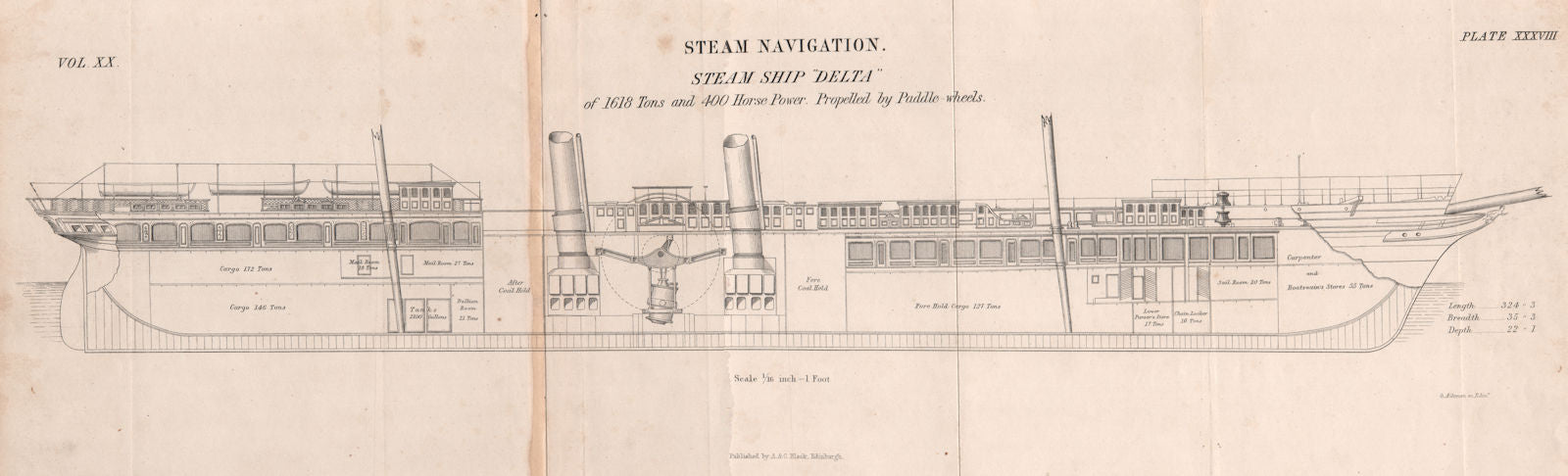 VICTORIAN SHIP PLAN. Paddle-wheel steamship